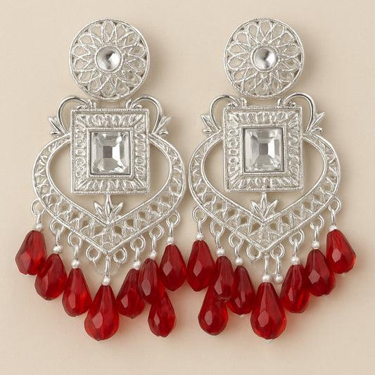 Silver Plated Mirror Earrings with Red Crystal Drops