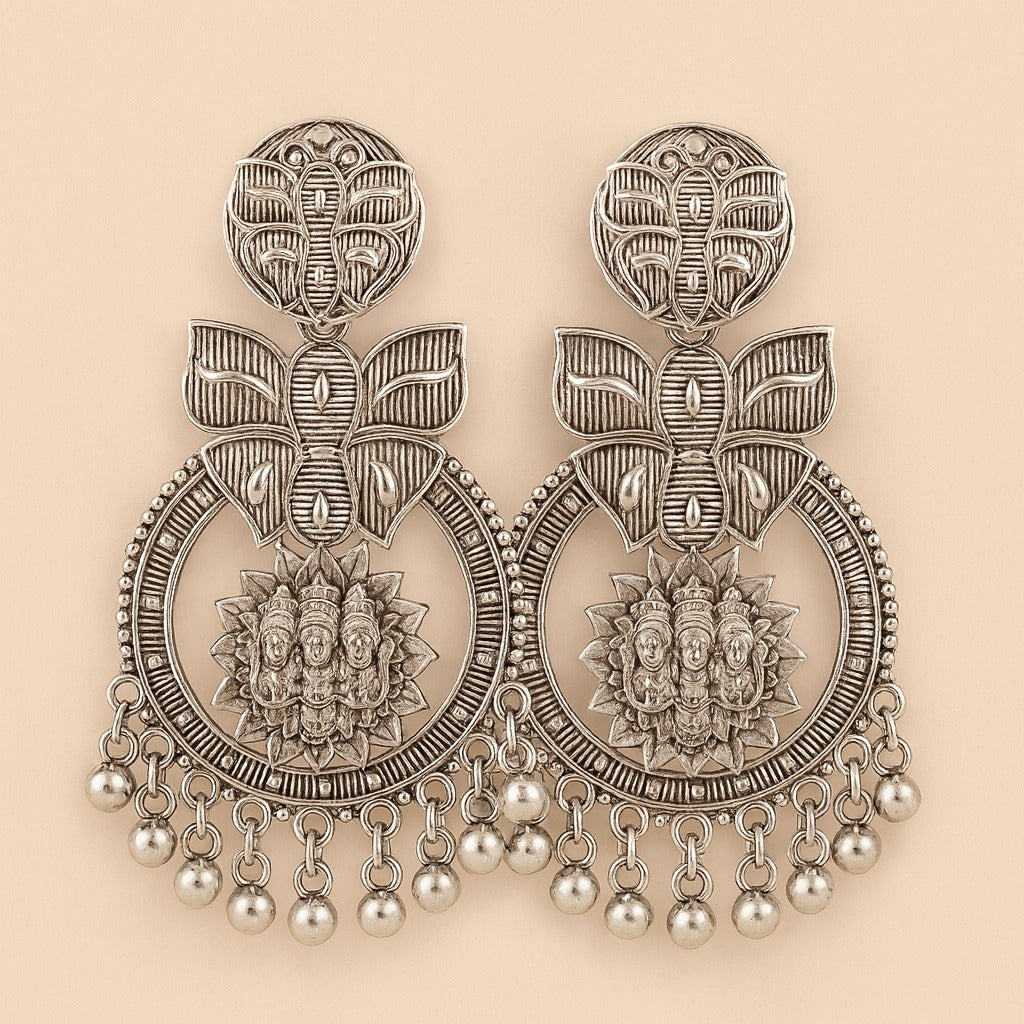 Oxidized Silver Shiva Face Mandala Earrings with Beaded Drops