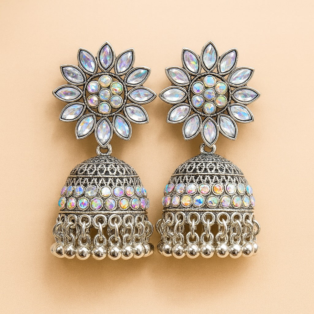“Oxidized Silver Floral Jhumka Earrings with Colorful Mirror Stones”