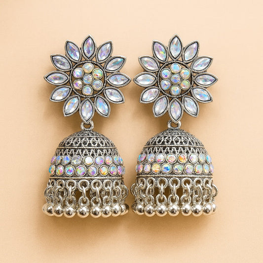 “Oxidized Silver Floral Jhumka Earrings with Colorful Mirror Stones”