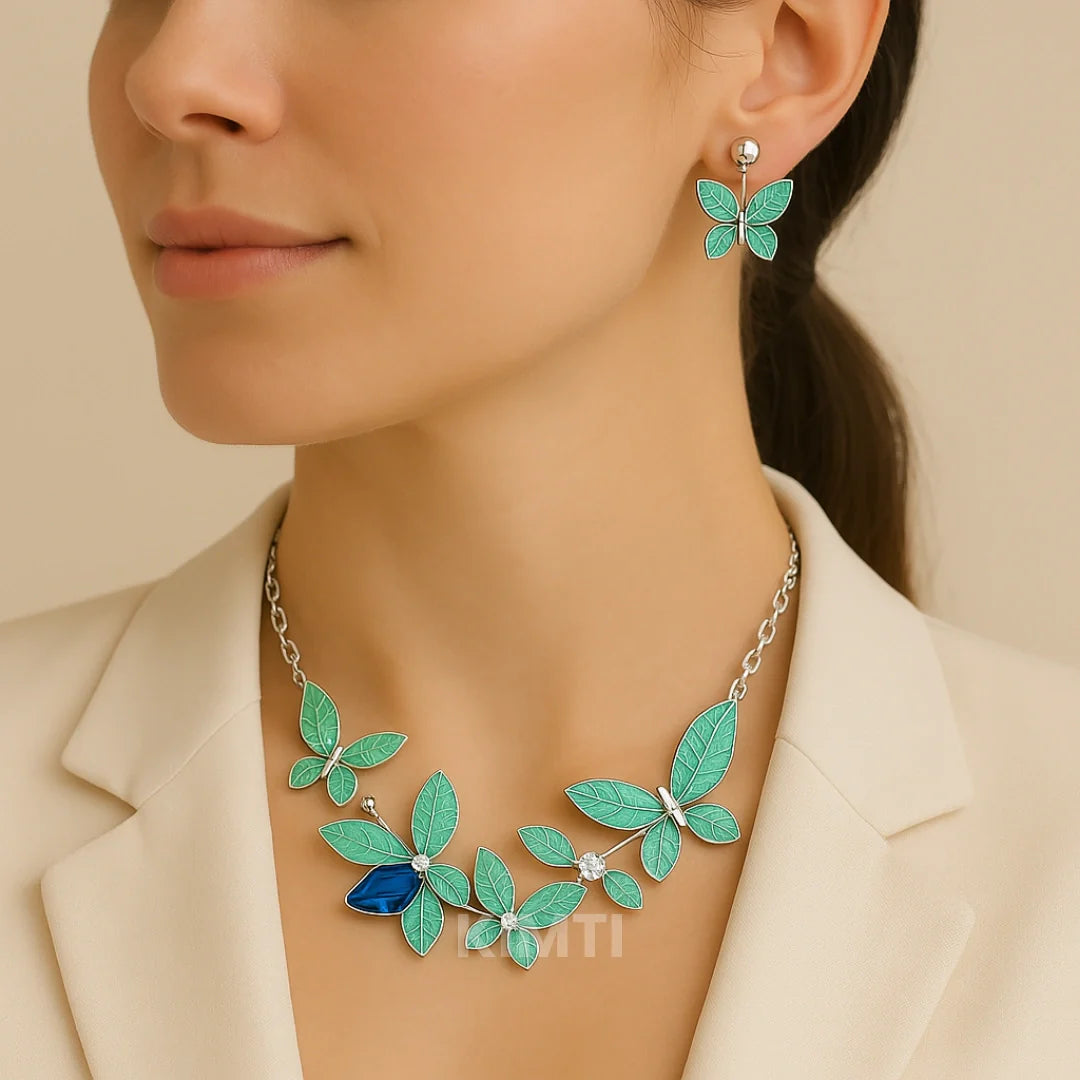 Green Butterfly  Metallic Necklace With Earring