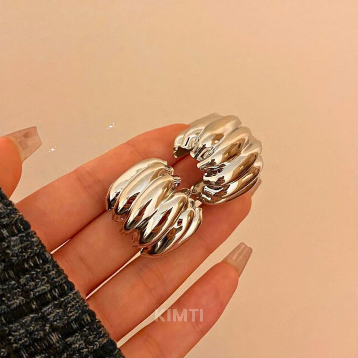 Silver Colour Wrinkled Metal Half Stud Earring