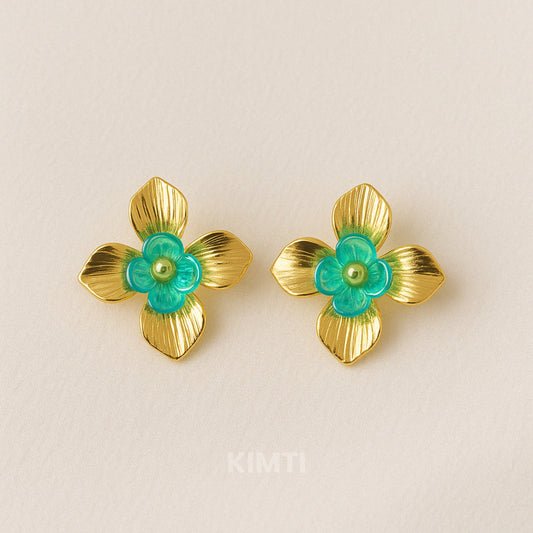 Golden Green Flower Golden Stud Earring
