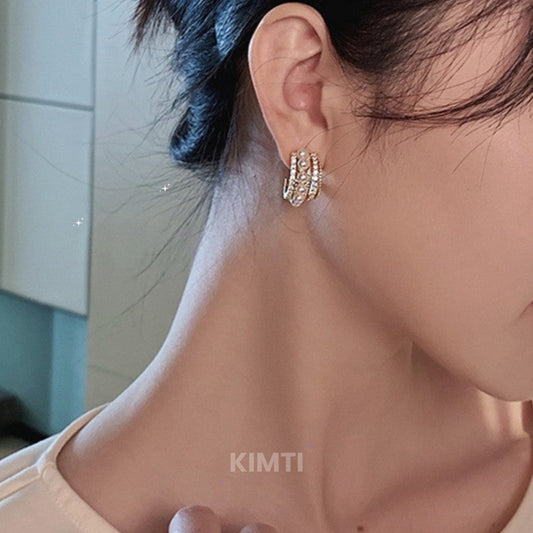 Gold Crystal Pearl Stud Earring