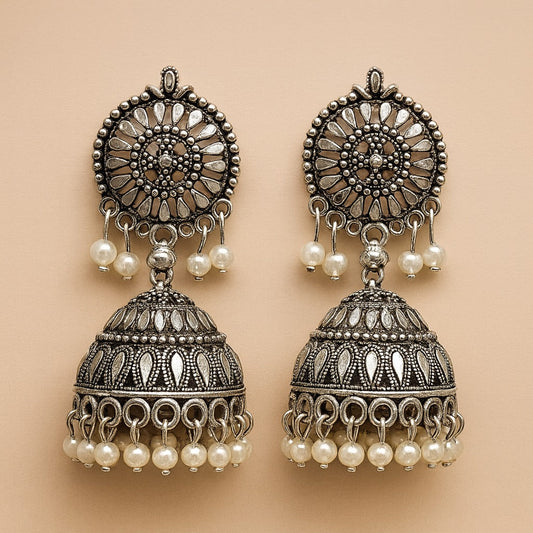 Oxidized Silver Jhumka Earrings with Pearl Drops