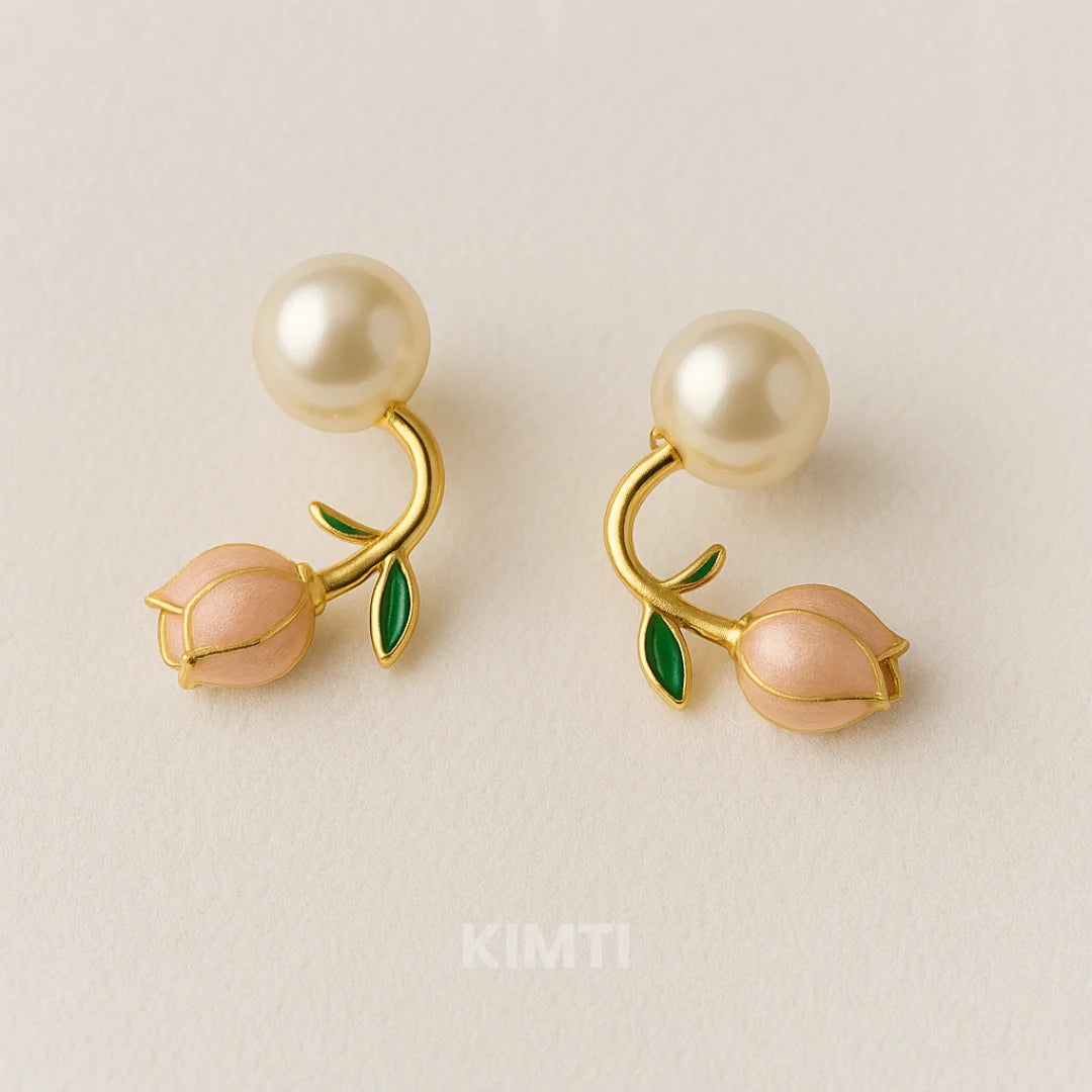 Pink Tulip Pearl Stud Earrings