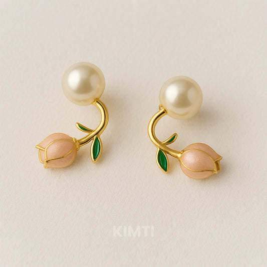 Pink Tulip Pearl Stud Earrings