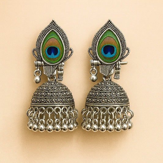 “Oxidized Silver Peacock Feather Jhumka Earrings”