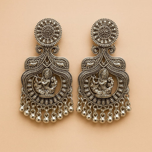 Oxidized Silver Krishna Temple Earrings with Beaded Drops