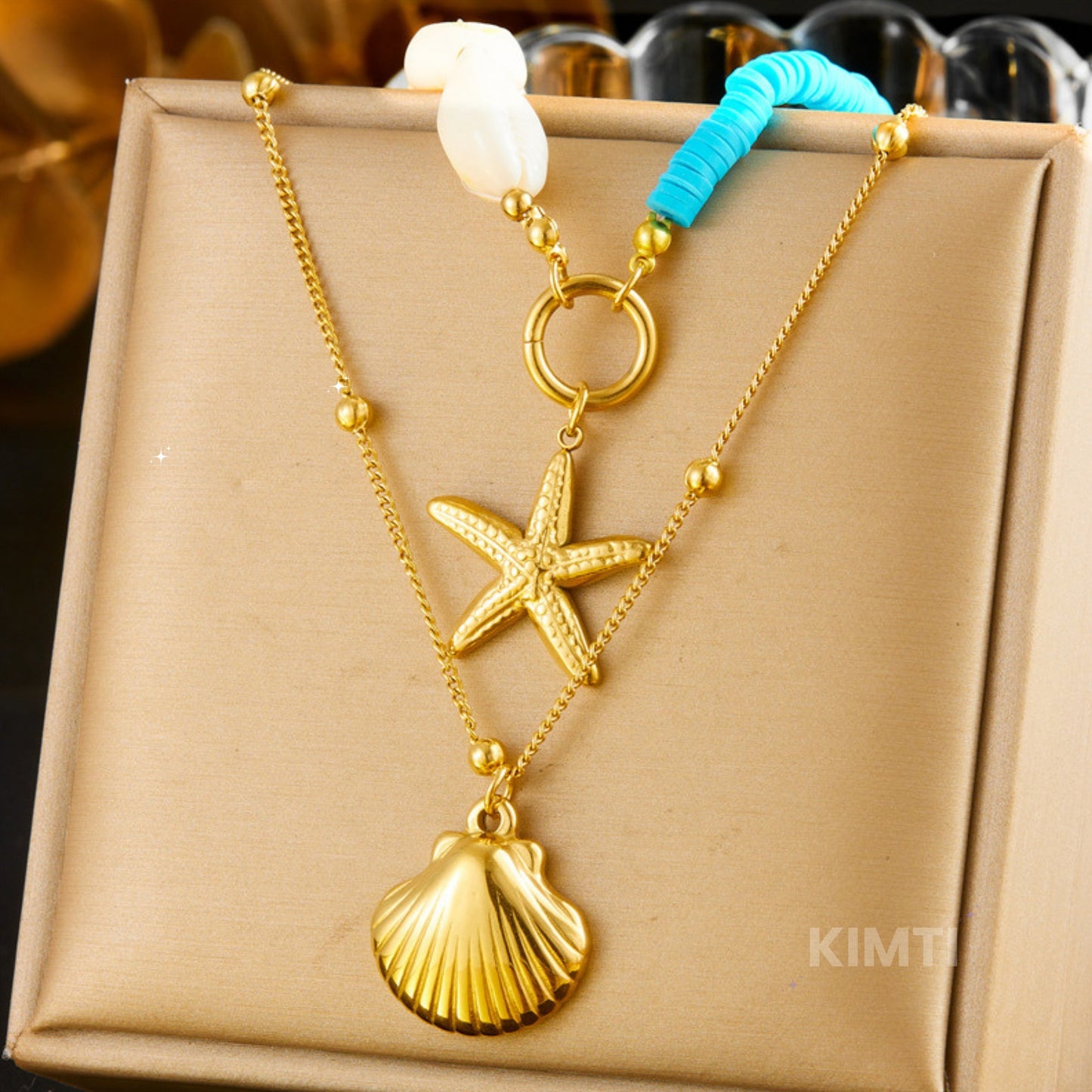 Gold Scallop Double Layer Starfish Pearl Pendant  Anti Tarnish Necklace