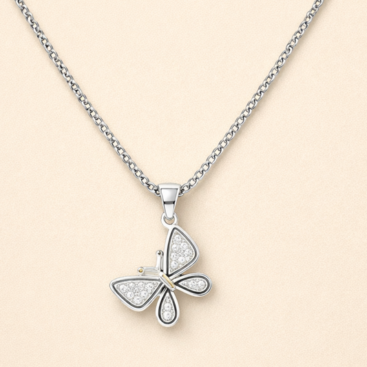 Silver Butterfly Crystal Pendant Necklace