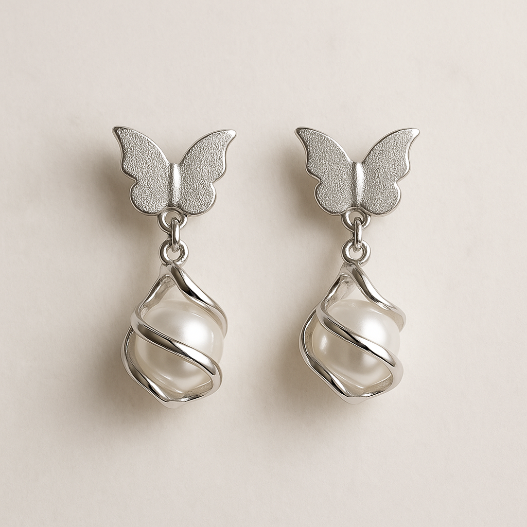 Silver Butterfly with Pearl Earrings
