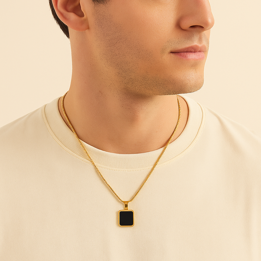 Men-18K Gold Plated Anti Tarnish Black Square Charm Chain
