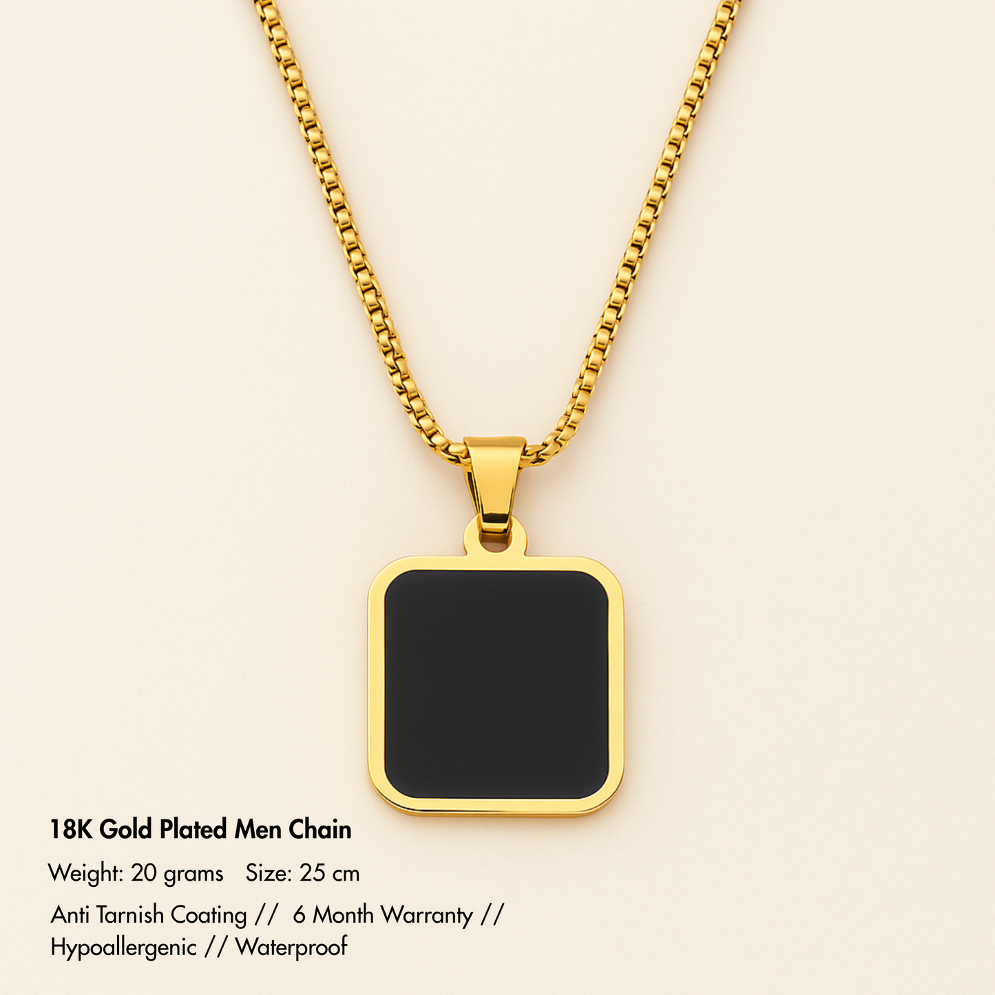 Men-18K Gold Plated Anti Tarnish Black Square Charm Chain