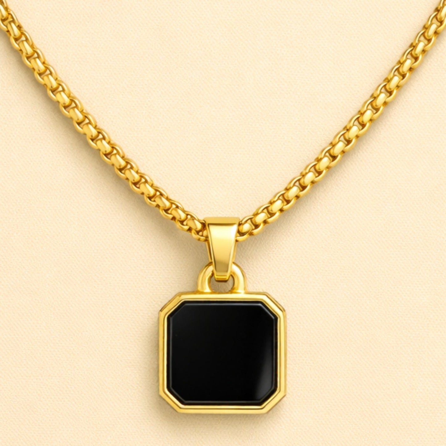 Men - 18K Gold Plated Black Stone Pendant Necklace