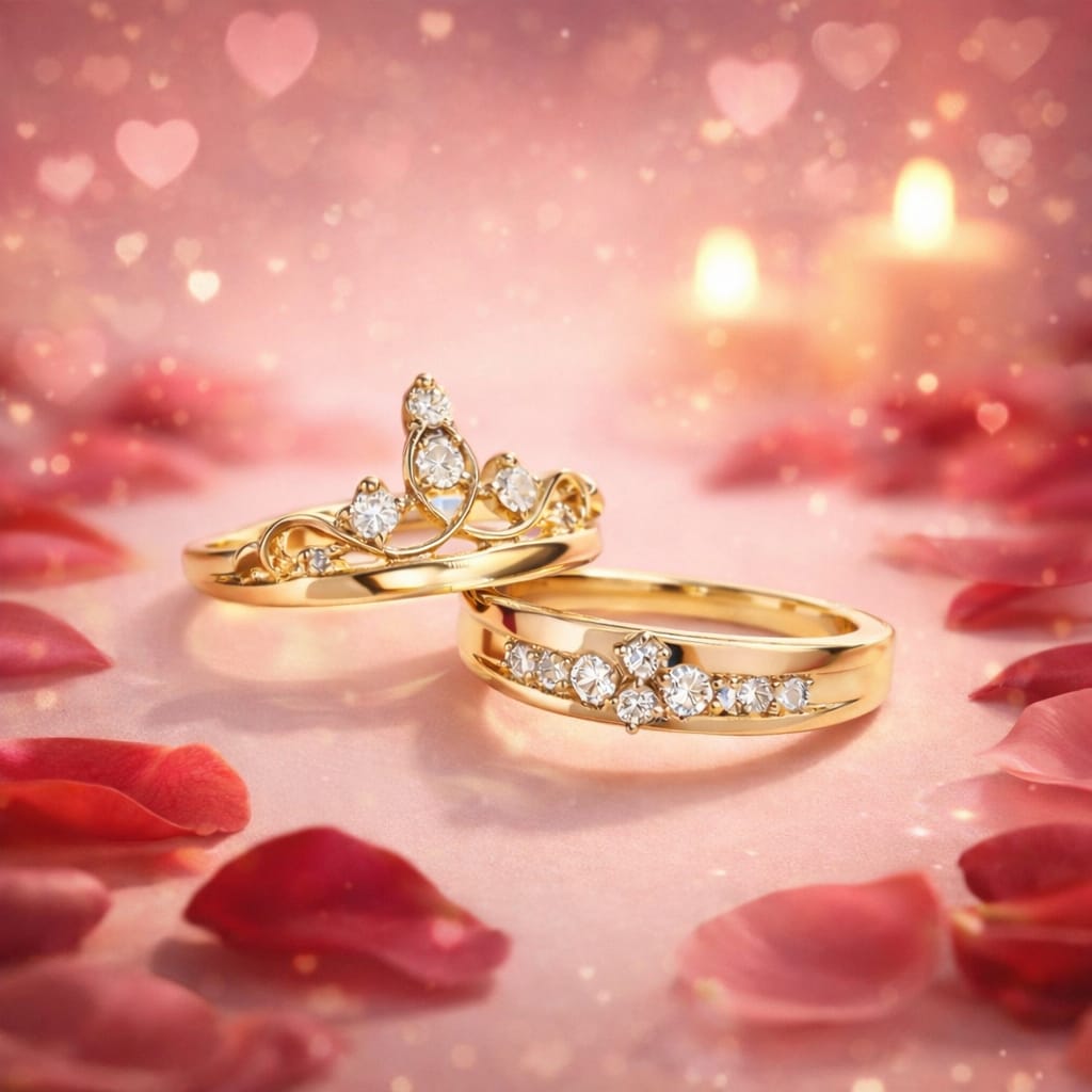 Gold Plated Couple Rings with Diamond Crown Design