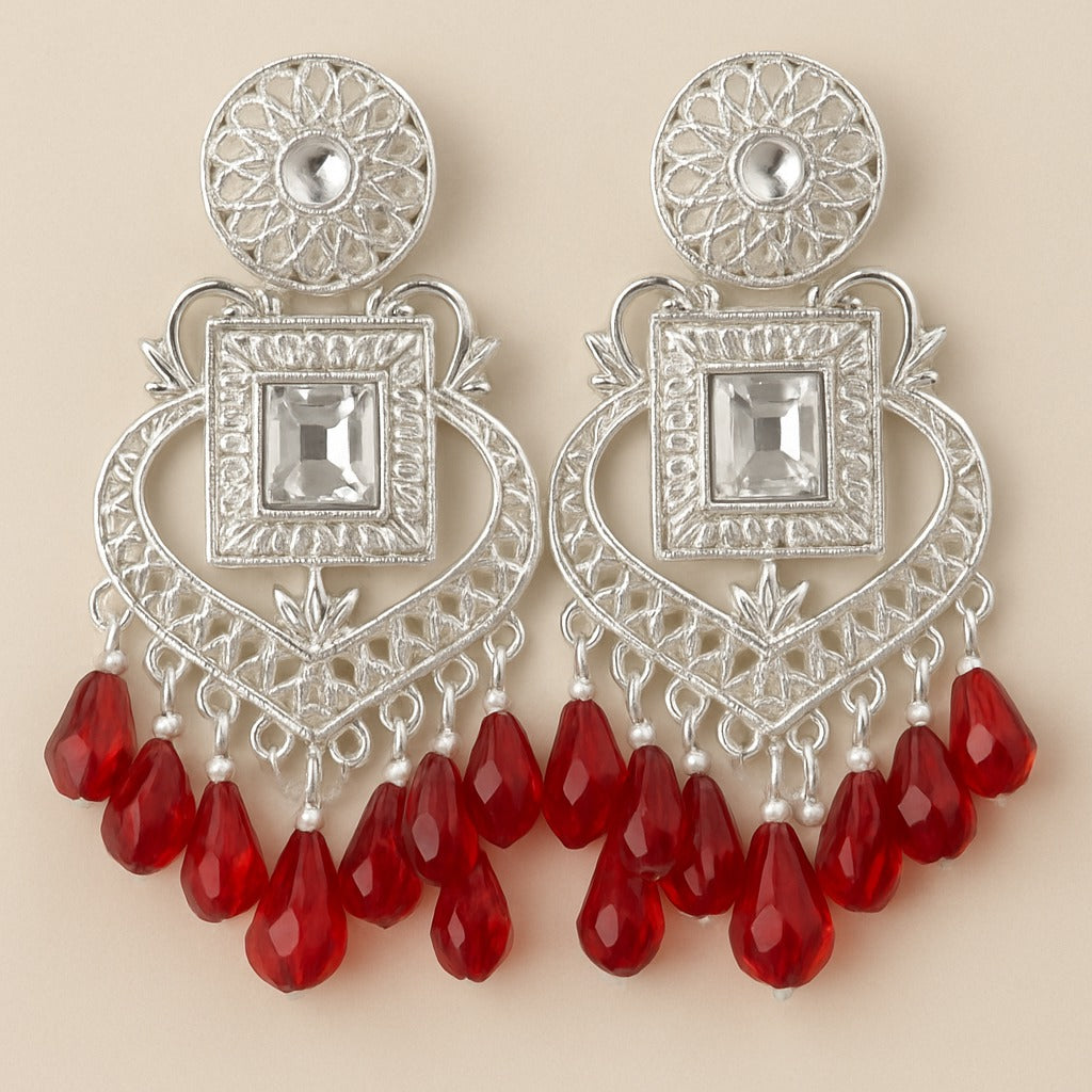 Silver Plated Mirror Earrings with Red Crystal Drops