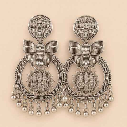 Oxidized Silver Shiva Face Mandala Earrings with Beaded Drops