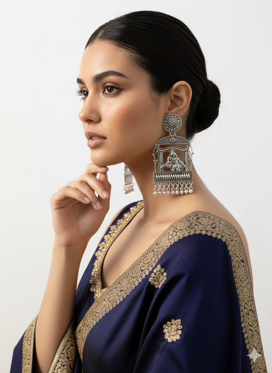 Oxidized Silver Radha Krishna Temple Earrings with Dangle Beads