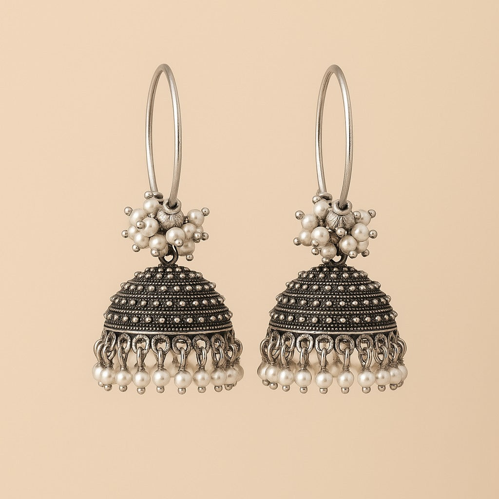 Oxidized Silver Hoop Jhumka Earrings with Pearl Cluster