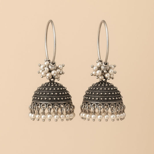 Oxidized Silver Hoop Jhumka Earrings with Pearl Cluster