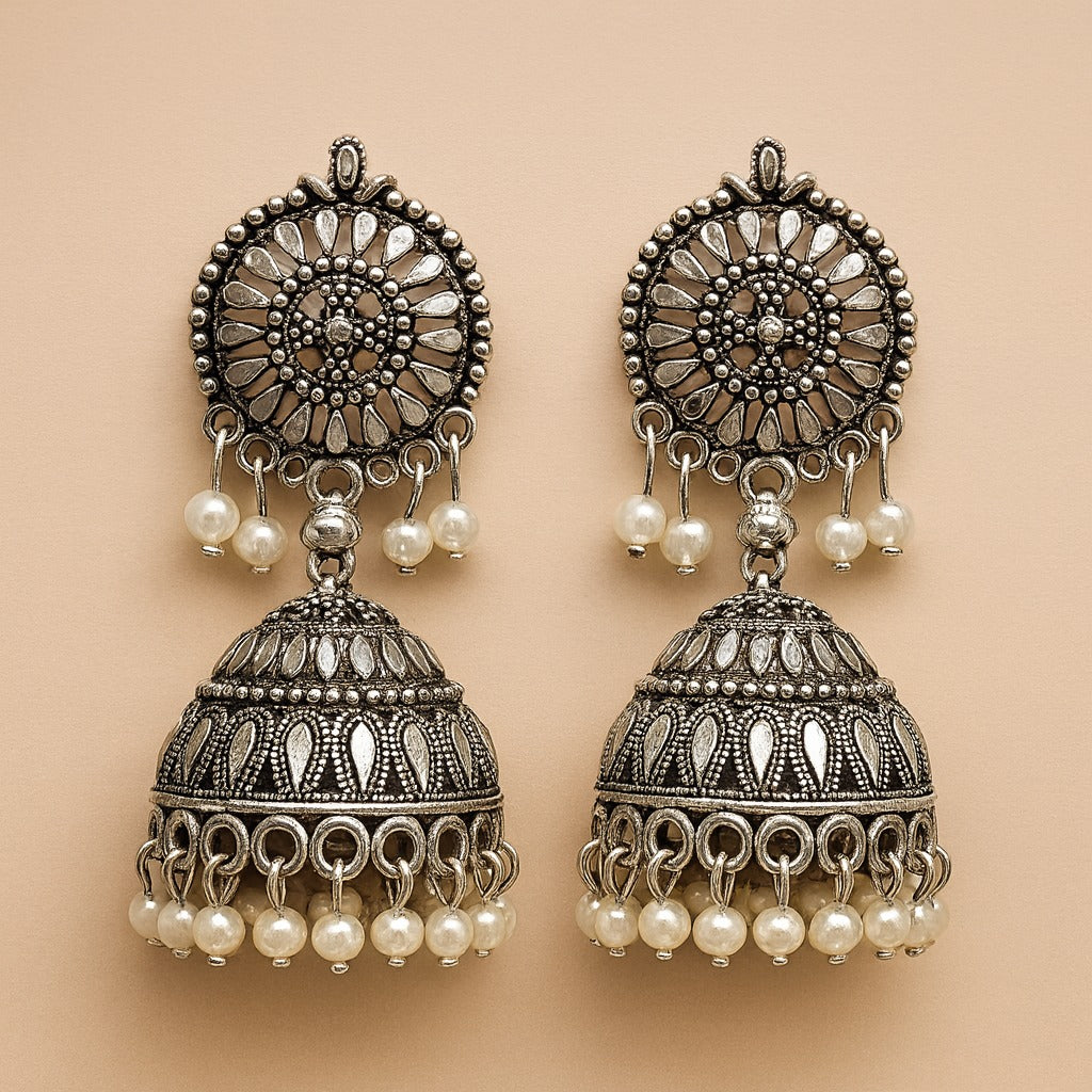 Oxidized Silver Jhumka Earrings with Pearl Drops