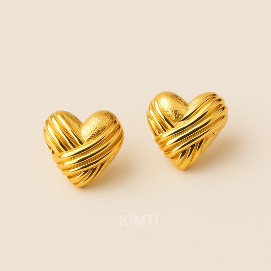 18K Gold Plated Heart Textured lines Stud Earrings