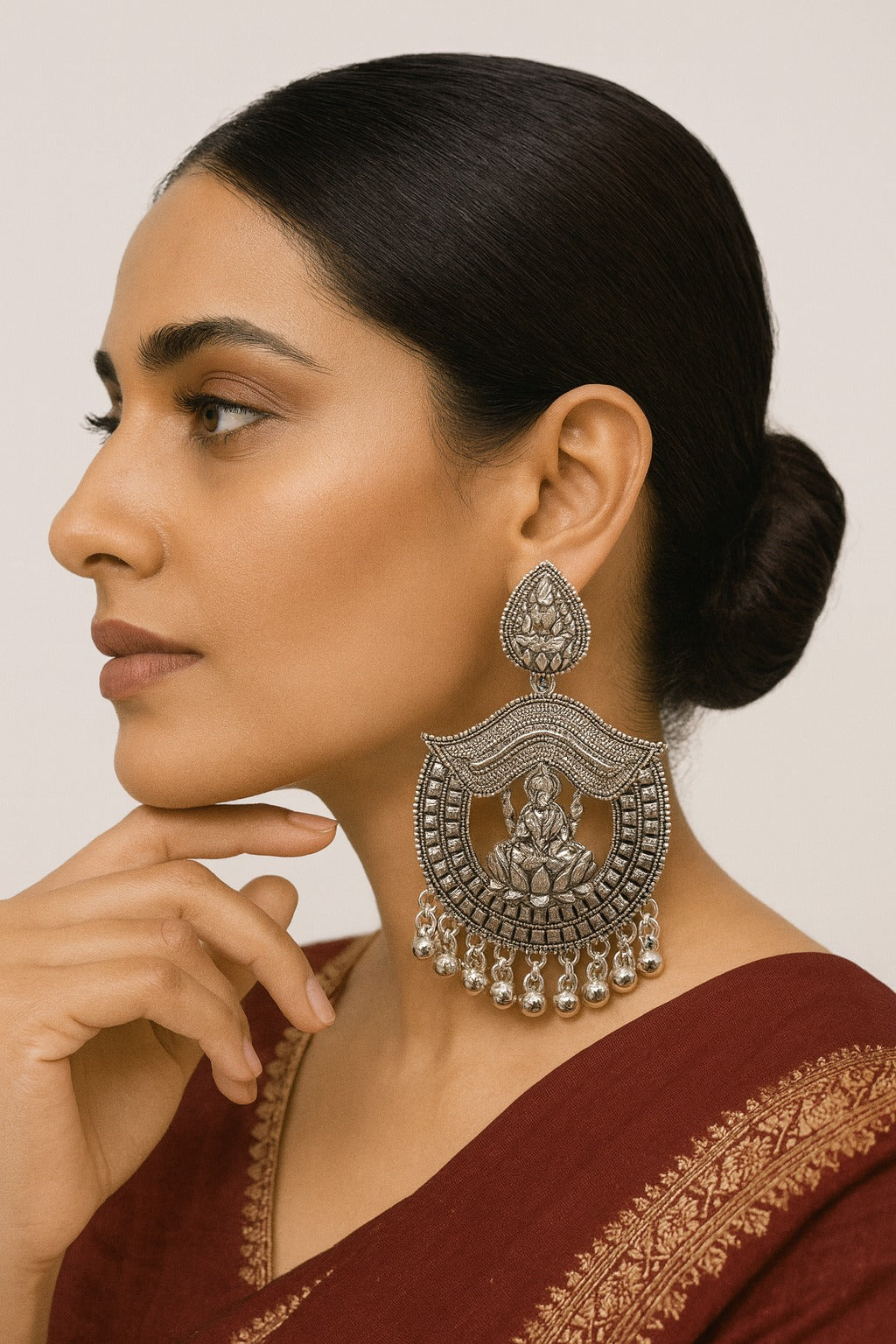 Oxidized Silver Lakshmi Temple Earrings with Lotus Motif & Beaded Drops