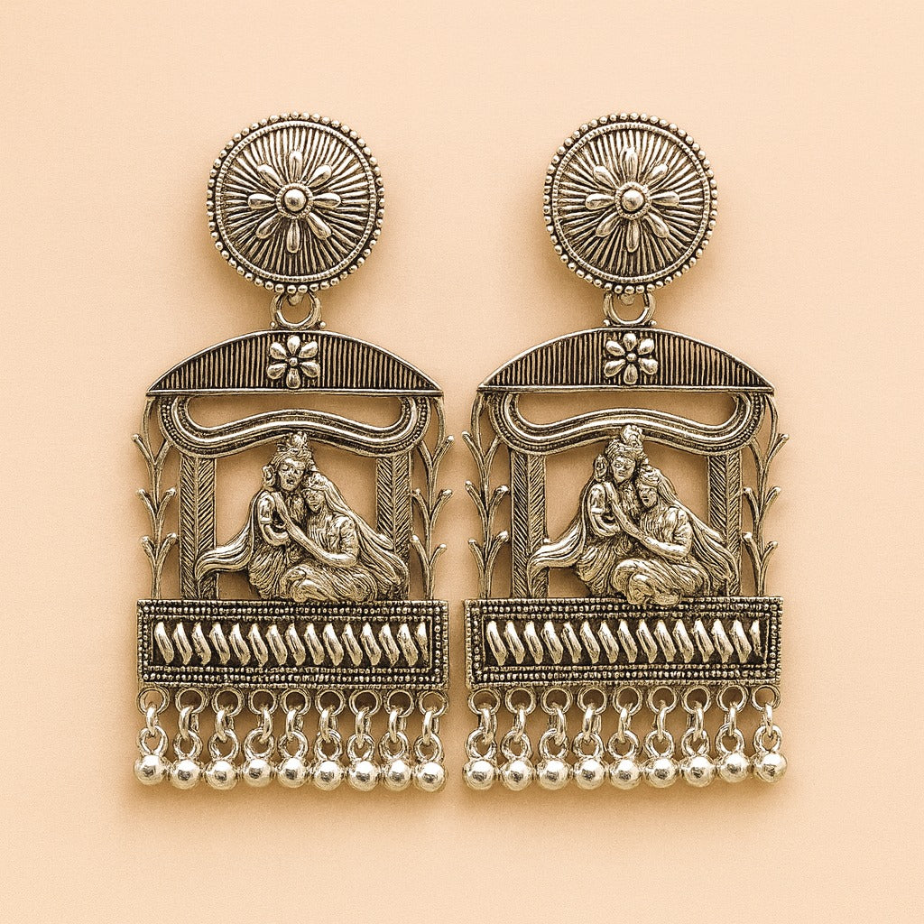 Oxidized Silver Radha Krishna Temple Earrings with Dangle Beads