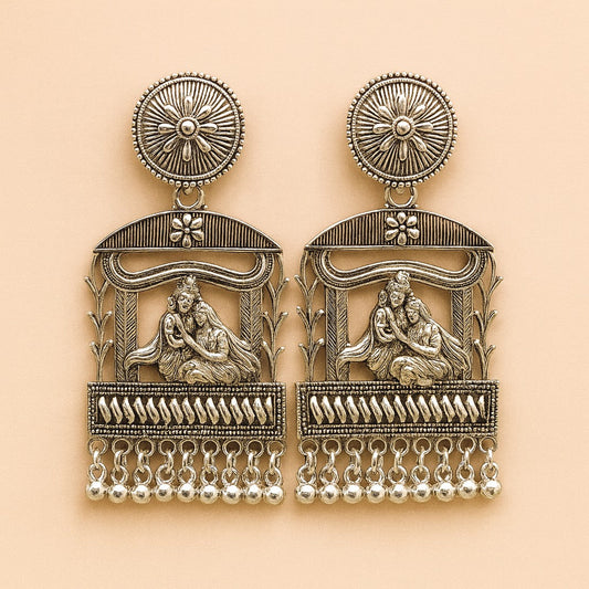 Oxidized Silver Radha Krishna Temple Earrings with Dangle Beads