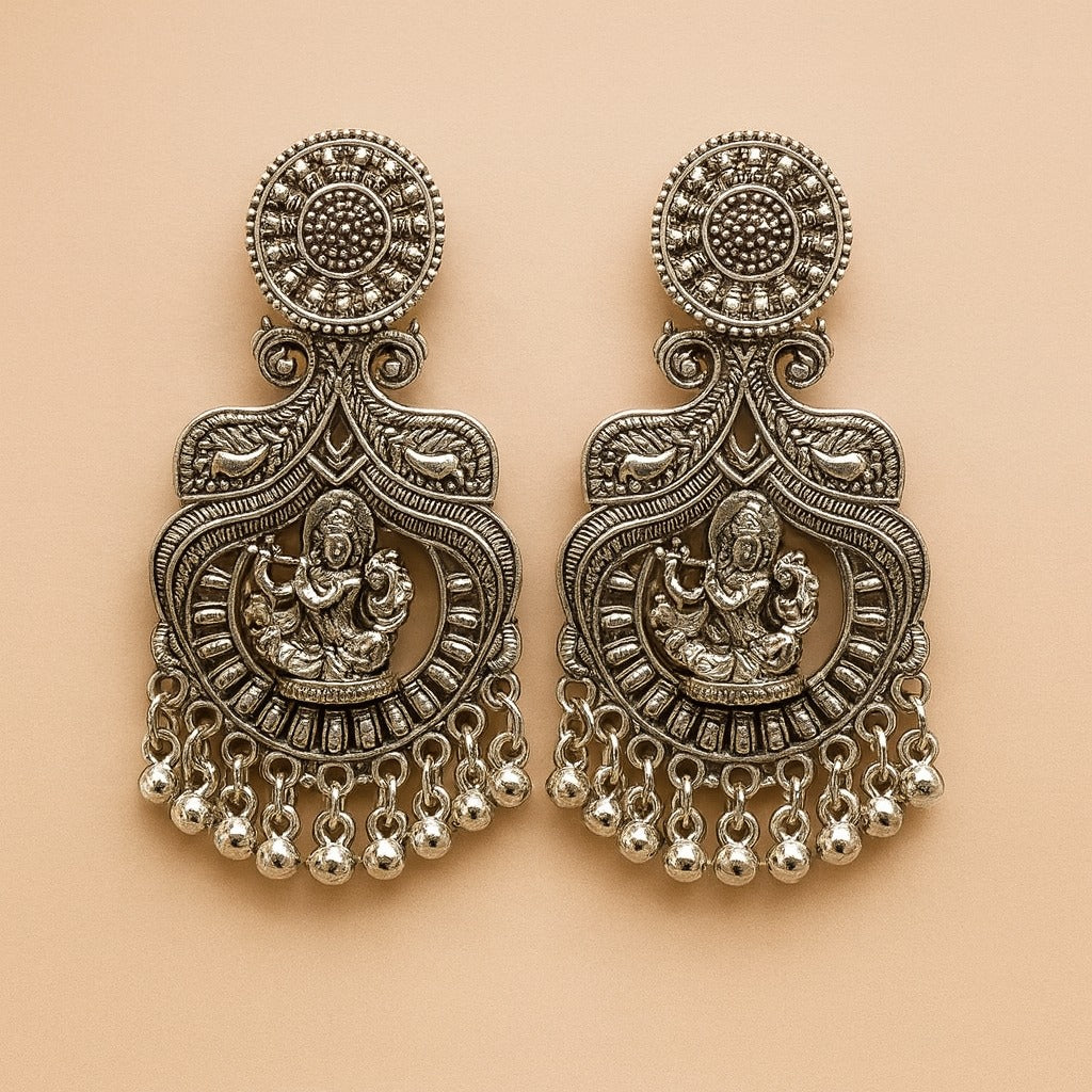 Oxidized Silver Krishna Temple Earrings with Beaded Drops