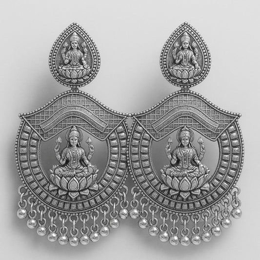 Oxidized Silver Lakshmi Temple Earrings with Lotus Motif & Beaded Drops