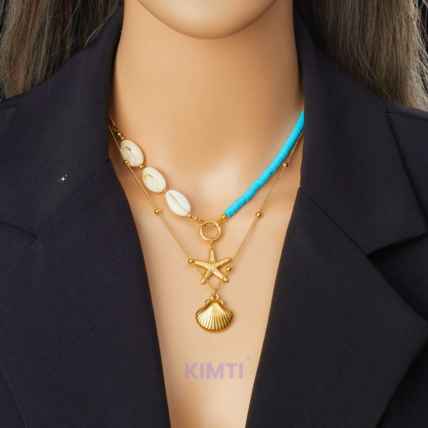 Gold Scallop Double Layer Starfish Pearl Pendant  Anti Tarnish Necklace