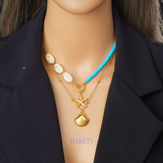Gold Scallop Double Layer Starfish Pearl Pendant  Anti Tarnish Necklace