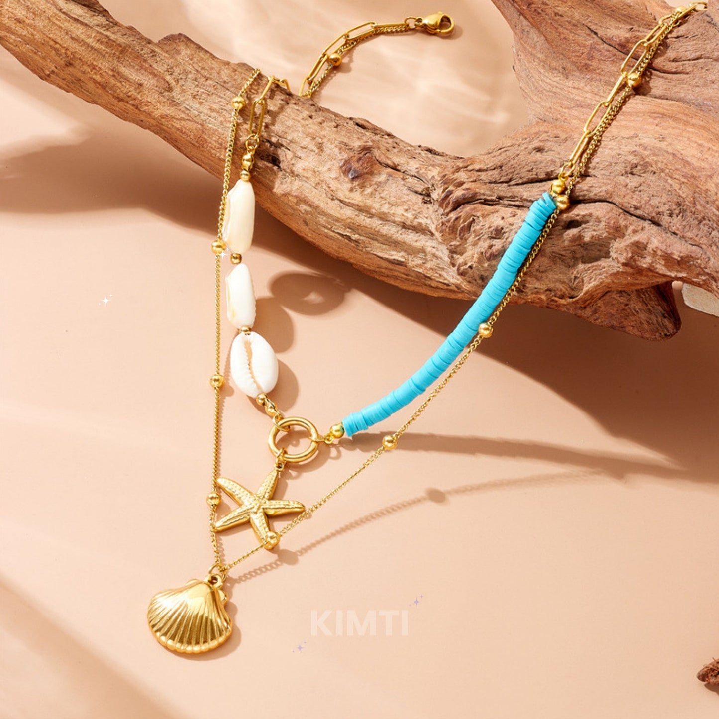 Gold Scallop Double Layer Starfish Pearl Pendant  Anti Tarnish Necklace