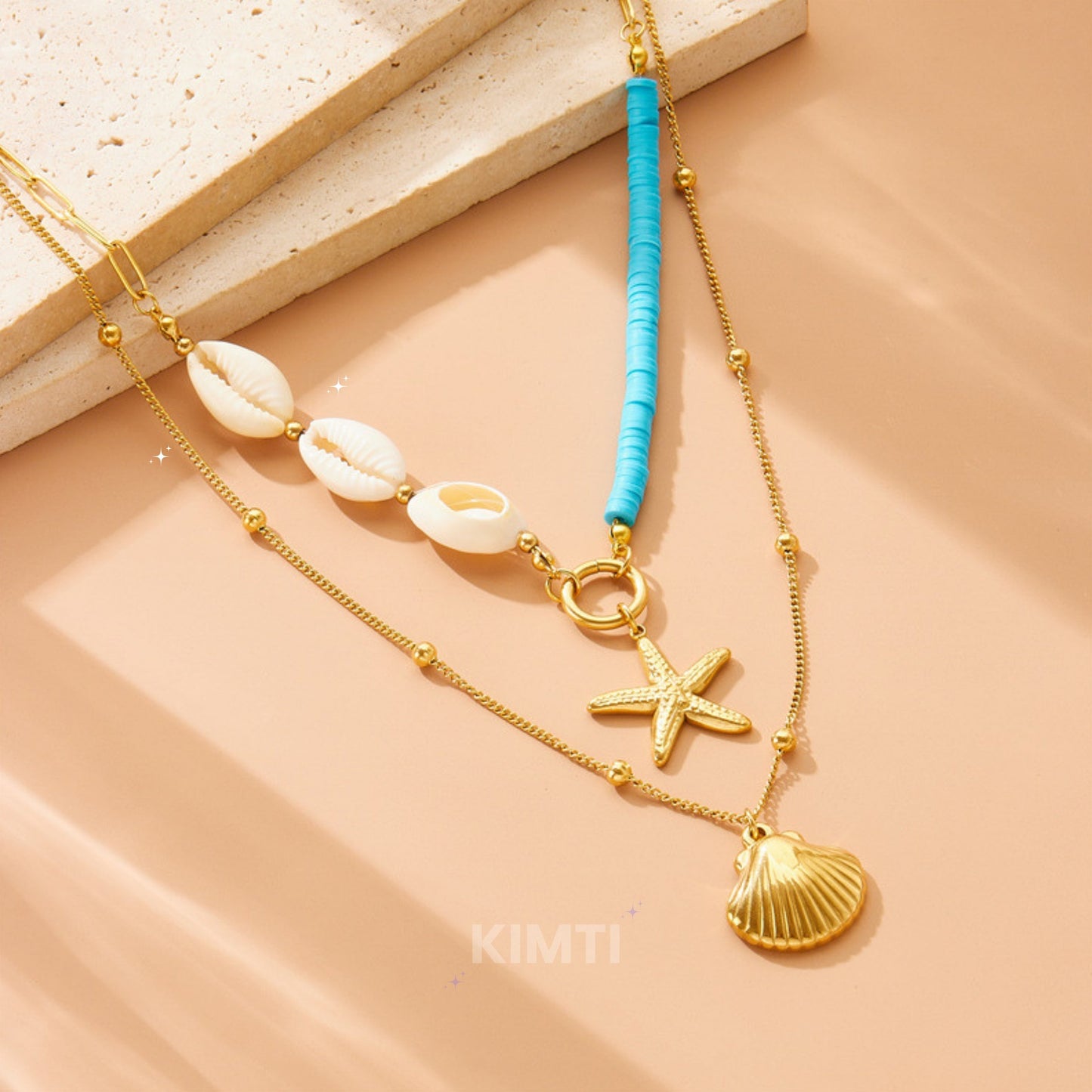 Gold Scallop Double Layer Starfish Pearl Pendant  Anti Tarnish Necklace