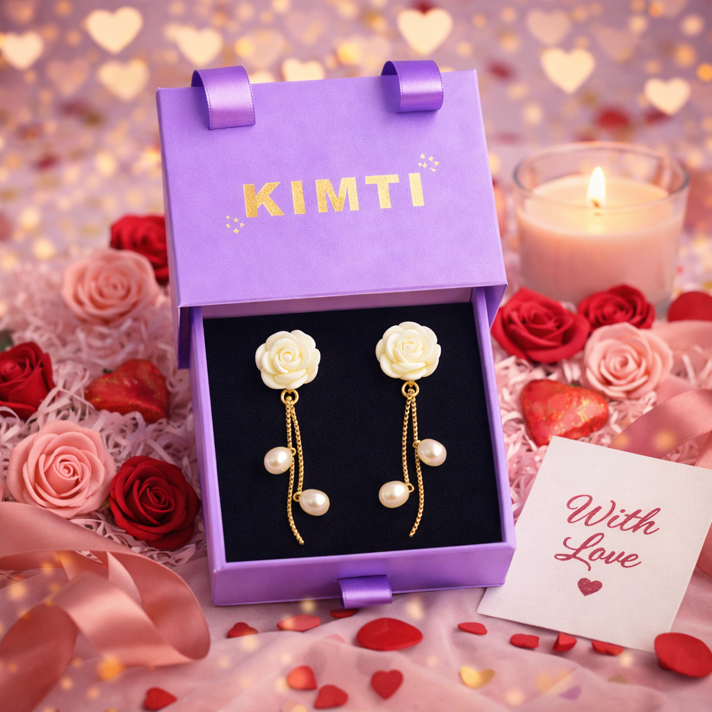 White Rosette Pearls Drops Earring