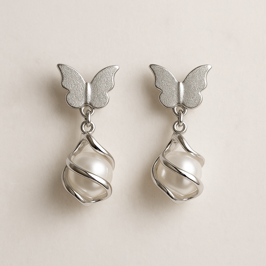 Silver Butterfly with Pearl Earrings