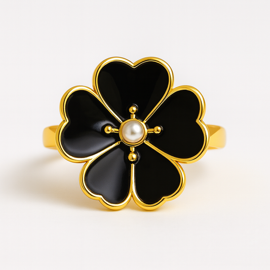 Gold Plated Onyx Petal Pearl Ring