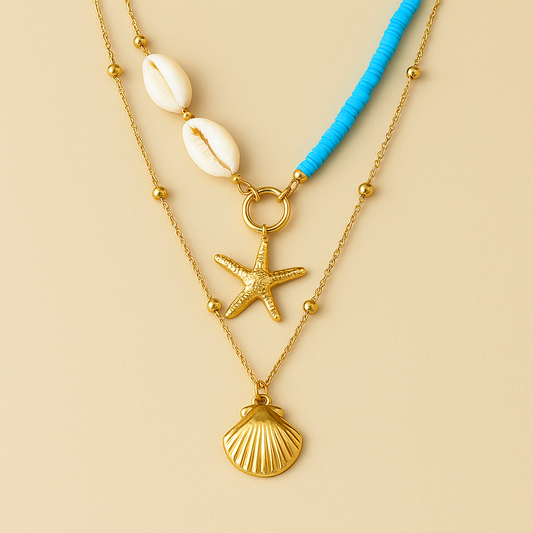 Gold Scallop Double Layer Starfish Pearl Pendant  Anti Tarnish Necklace