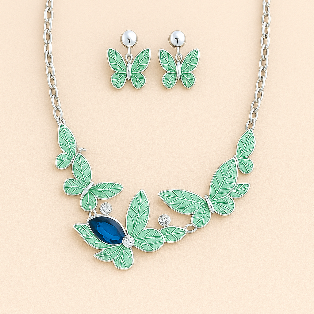 Green Butterfly  Metallic Necklace With Earring
