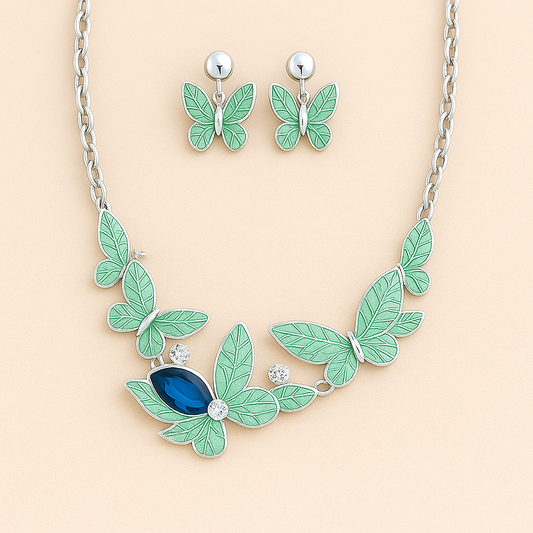 Green Butterfly  Metallic Necklace With Earring