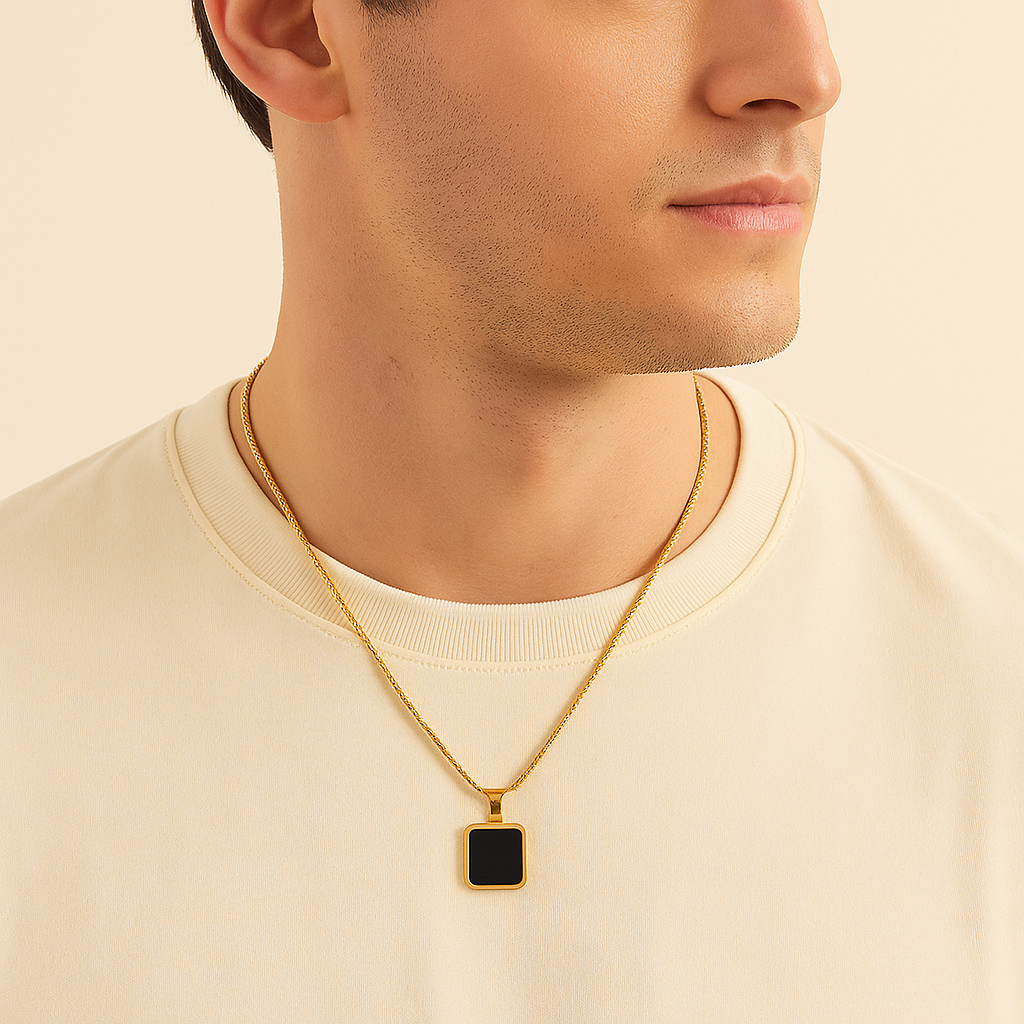 Men-18K Gold Plated Anti Tarnish Black Square Charm Chain