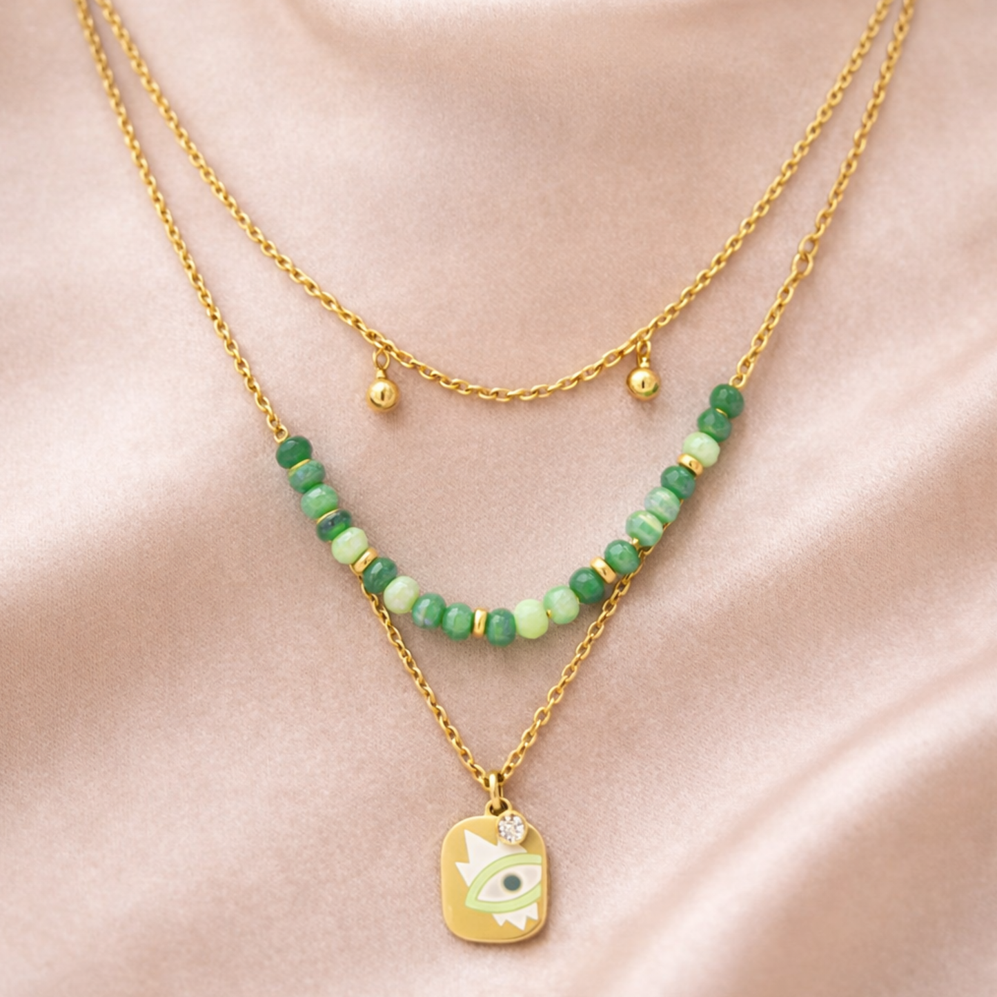 Zariya Green Bead Layered Evil Eye  Necklace