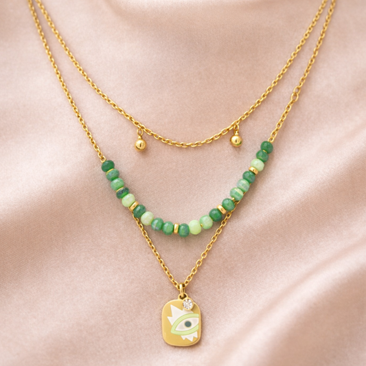 Zariya Green Bead Layered Evil Eye  Necklace