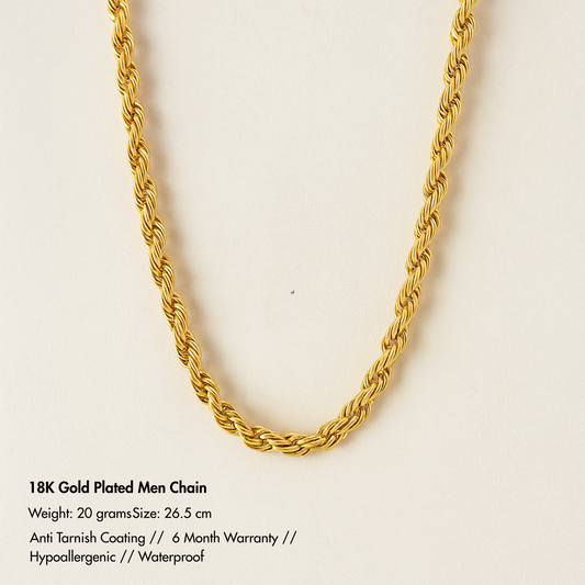 Men-18K Gold Plated Anti Tarnish Rope Chain