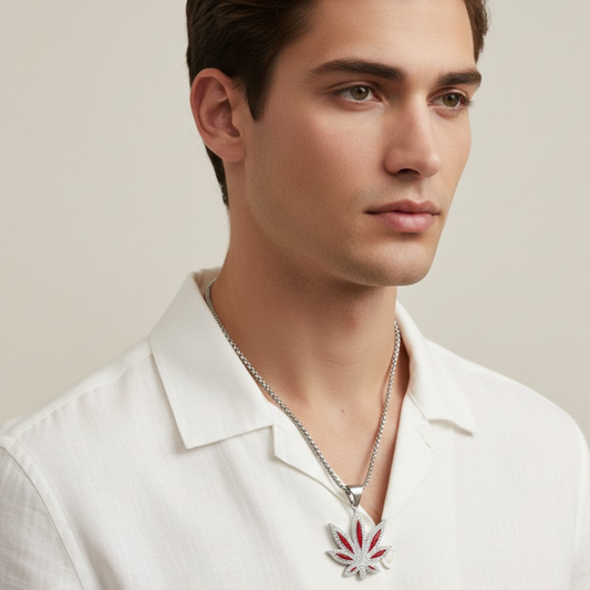 Men - Leaf Pendant Red Crystal Stainless Steel Necklace