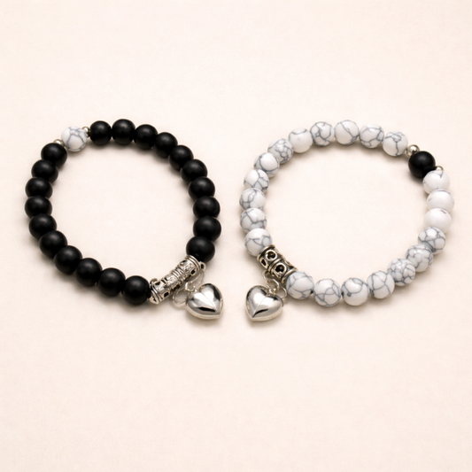 Black White Beads Couple Heart Bracelet