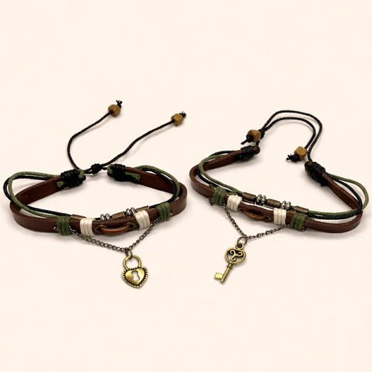 Boho Style Couple Leather Bracelet with Key Pendant